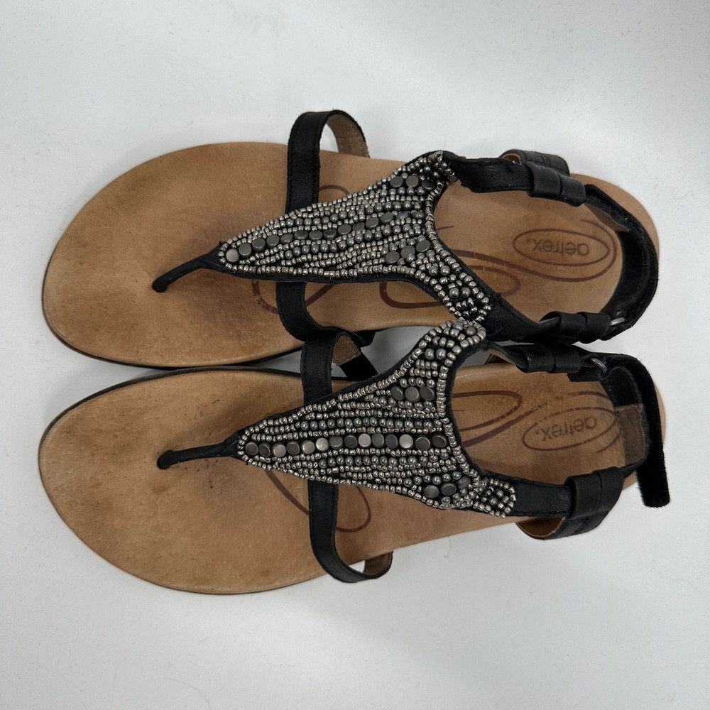 Aetrex Jillian Black Leather Beaded Thong Sandals Womens 8.5 Orthotic Comfort - Picture 2 of 9